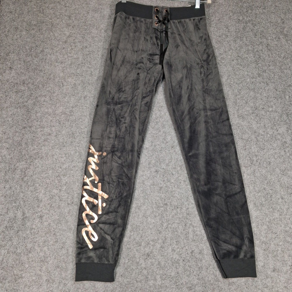 Justice Joggers Girls 14/16 Gray Velour Lace Up Activewear Rose‎ Gold Logo 0455